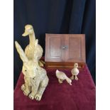 Ornate letter holder box together with large rabbit, Swan wooden figure etc.