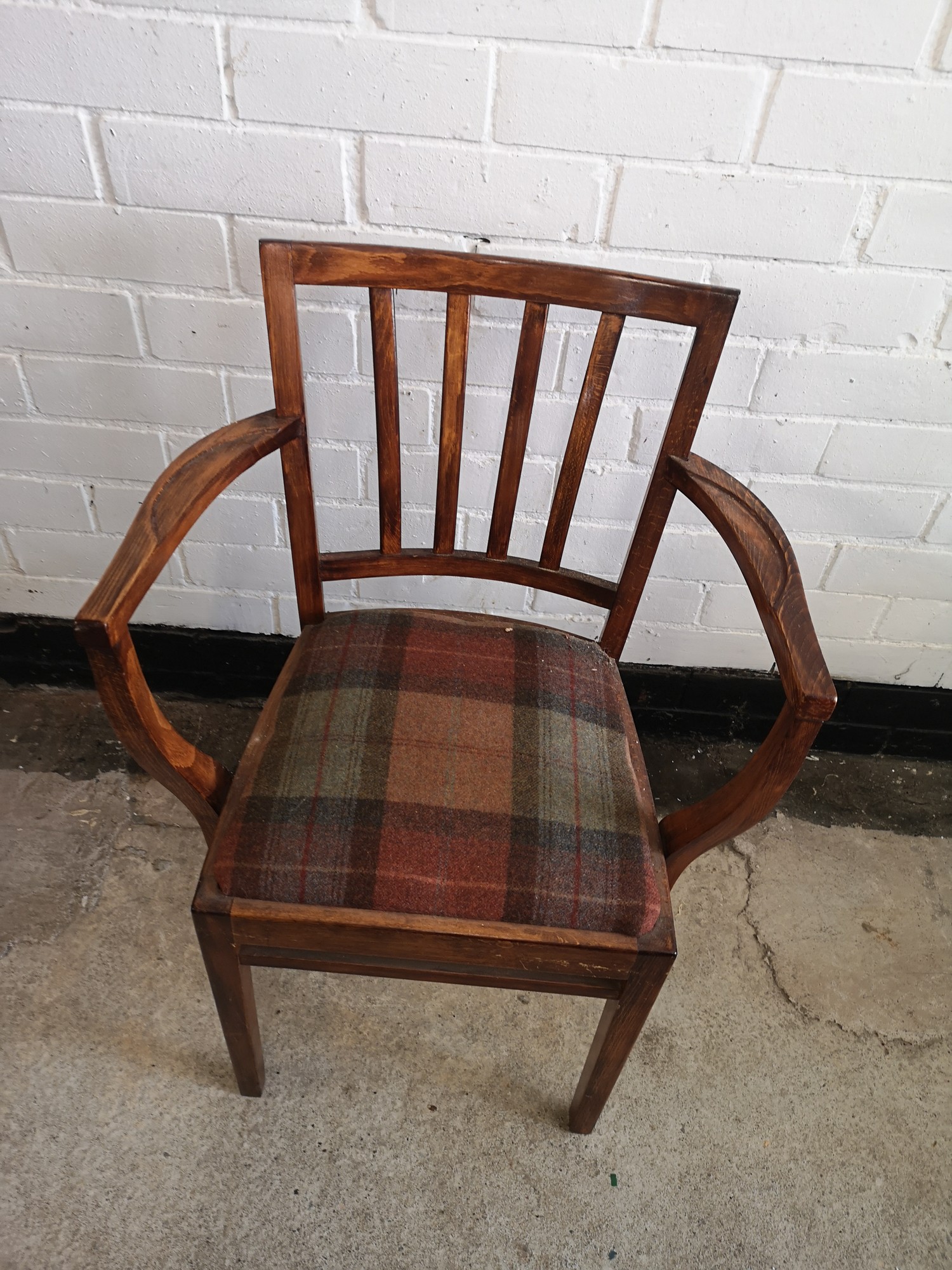 Arts and crafts arm chair with tartan upholstery. - Image 3 of 3