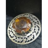 Large Silver Scottish Celtic Plaid Brooch With Large Amber Centre Stone makers wbs.