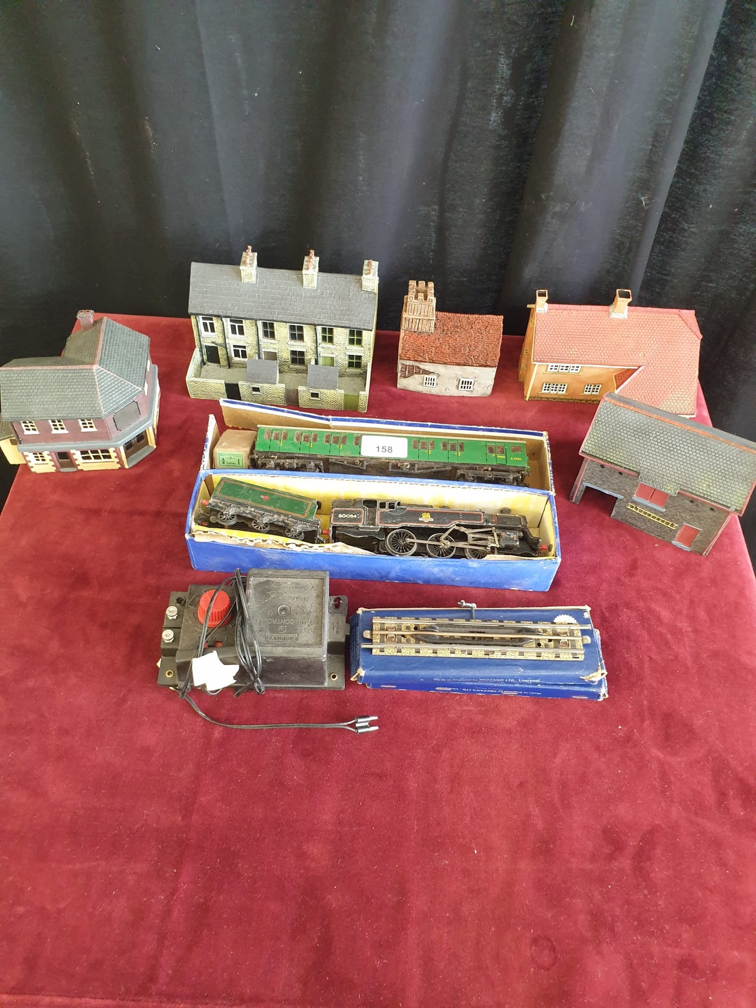 Selection of train oo gauge items includes loco and tender together with carriage and buildings etc.