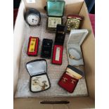 Box of Vintage travel clocks and jewellery etc .