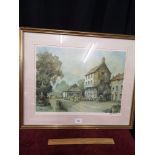 Large sturgeon print depicting village hall scene with church bell signed in pencil. 22 inches in