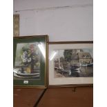 Print depicting still life together boat harbour scene both signed by Murray Easton.