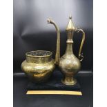 Large Arabic brass planter 8.5 inches in height together with large heavy ornate eastern tea pot