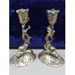 Pair of German silver Hanau dolphin candle sticks circa 1893 8oz makers B Neresheimer & Sohne.