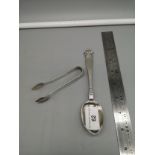 Heavy Silver hall marked Sheffield tongs makers FH together with Large Heavy Silver Spoon 830