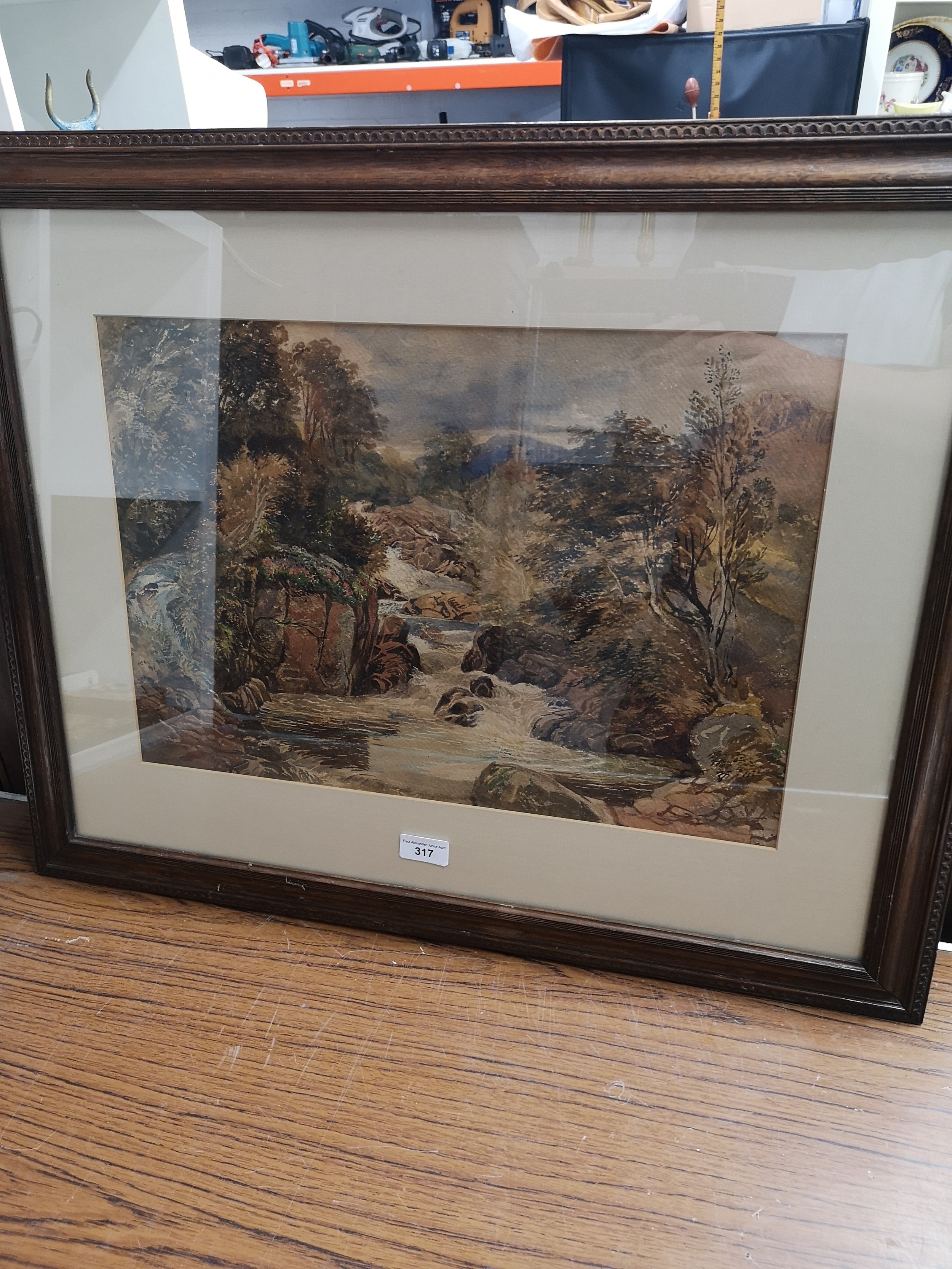 Large scottish scene water colour depicting Highland scene in oak frame.