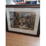 Large scottish scene water colour depicting Highland scene in oak frame.