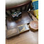 Selection of old boxes includes oriental jewellery box together with victorian carved wooden tray .