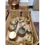 Box of Brass wares includes victorian candle sticks etc .