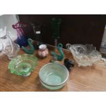 Selection of art glass to include art deco Swan necked double handled vase.