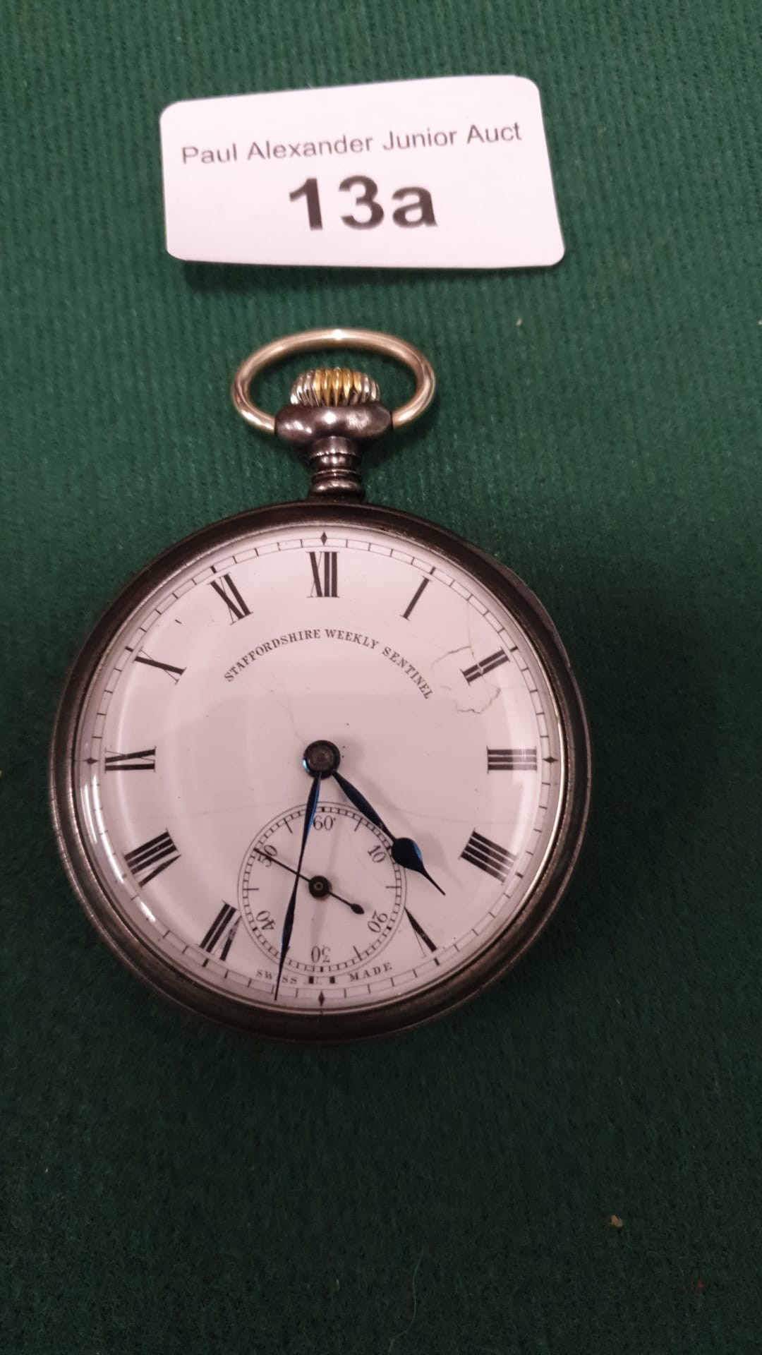 Early 1900s Pocket Watch With Enamel Face Top Winding Working Staffordshire Weekly Sentinel