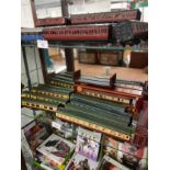 Shelf of 00 gauge train carriages.