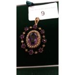 Beautiful Art Deco Pendant With Seed Pearl And Amethyst Stones Victorian 9ct Marking
