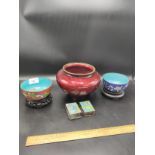 Pair of cloisonné bowls together with 2 cloisonné match box holders together with large cloisonné