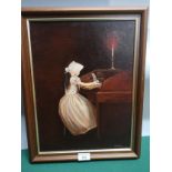 Victorian scene oil painting of young lady sat at victorian writing desk framed signed M Milne's .