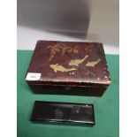 Oriental carp scene box together with black lacquered box.