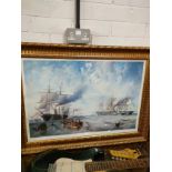 Large Nautical ship scene picture framed in large gilt framing .