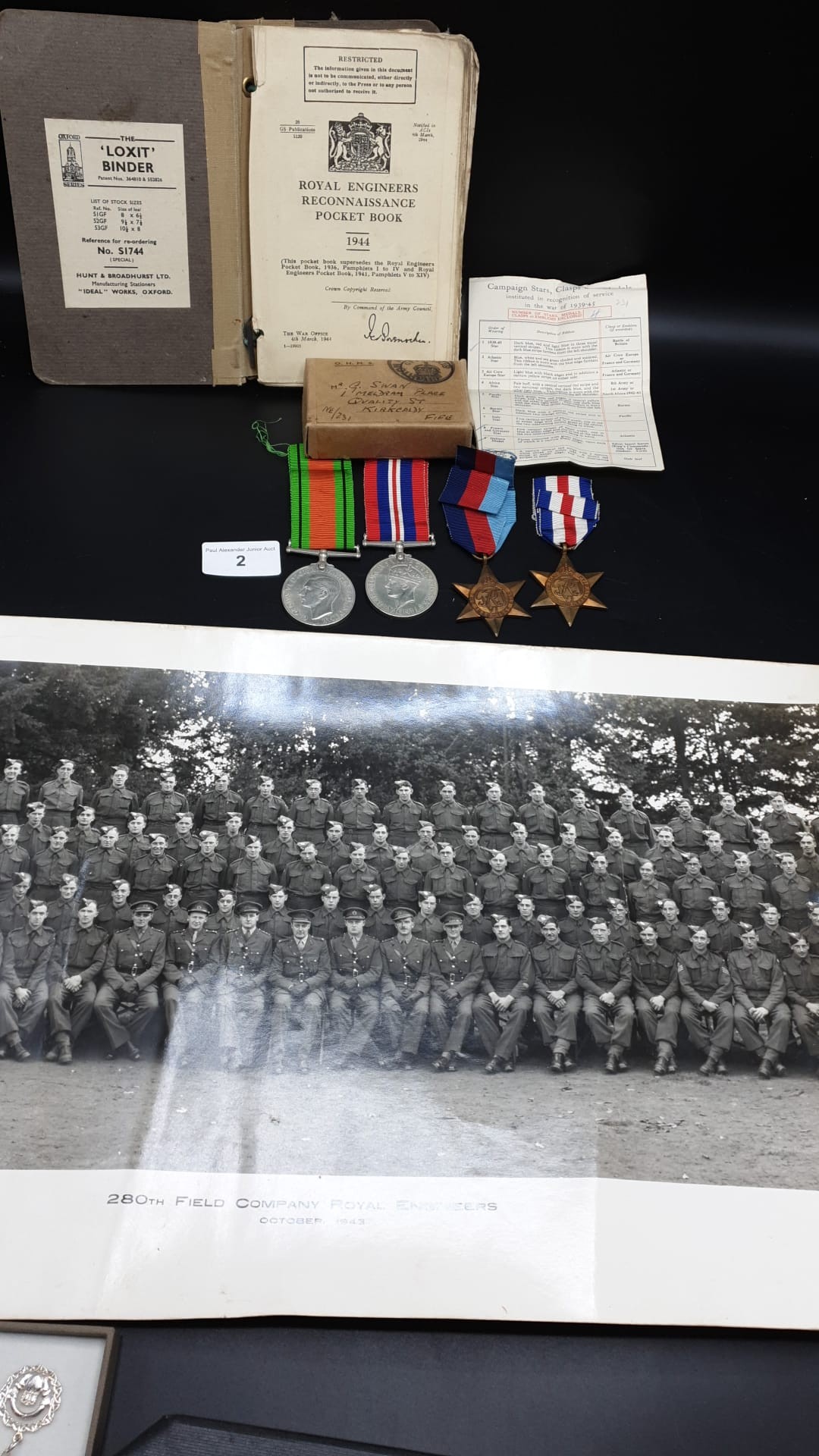 Group Of 4 WW2 Medals with PaperworkRoyal Engineers Reconnaissance book Group Photo ect