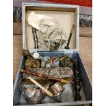 Box of collectables includes silver hall marked backed brush .