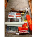 Large box of train accessories , train blue prints etc.