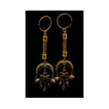 BYZANTINE GOLD PEARL, GARNET AND EMERALD EARRINGS