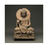 SUPERB GANDHARA SCHIST STONE FIGURE OF SEATED BODHISATTVA