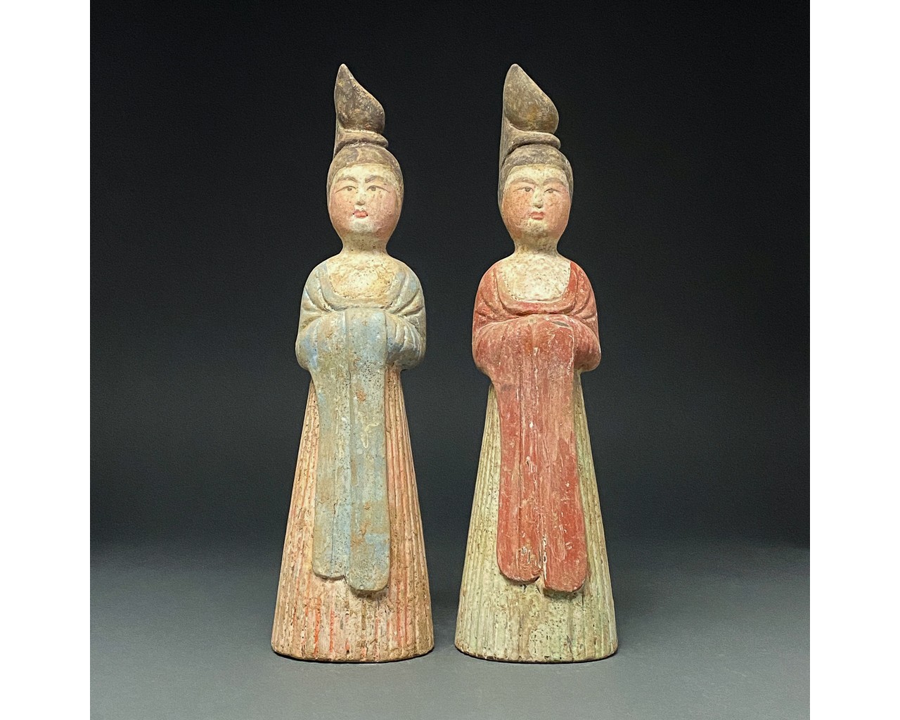 CHINA, TANG DYANSTY PAIR OF POTTERY STANDING LADIES