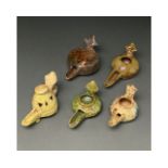 COLLECTION OF 5 GLAZED SELJUK OIL LAMPS