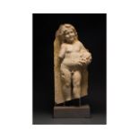 LARGE ROMAN MARBLE FIGURE OF CUPID HOLDING GRAPES- EX R.SORGE COLLECTION