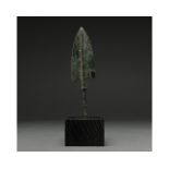 ANCIENT BRONZE SPEAR HEAD ON STAND