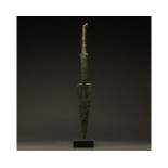 LARGE ANCIENT BRONZE SPEAR ON STAND
