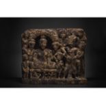 LARGE GANDHARA RED SCHIST PANEL WITH BUDDHA