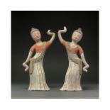 STUNNING PAIR OF CHINESE TANG POTTERY DANCING LADIES