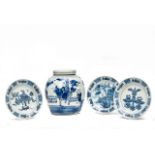 FOUR CHINESE BLUE AND WHITE PORCELAIN PLATES AND JAR