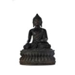 CHINESE BRONZE BUDDHA FIGURE WITH INLAID EYES