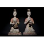 PAIR OF CHINESE TANG DYNASTY TERRACOTTA MUSICIAN FIGURES