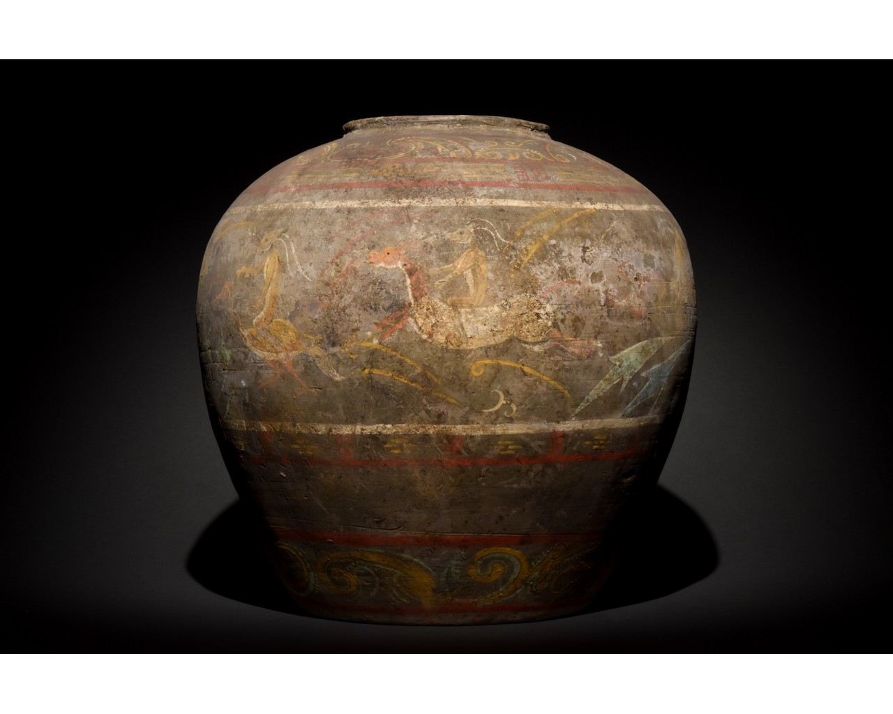 RARE CHINESE HAN DYNASTY TERRACOTTA VESSEL PAINTED WITH SCENES