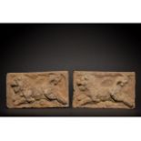 PAIR OF CHINESE SONG DYNASTY TERRACOTTA BRICKS WITH LIONS