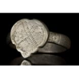 MEDIEVAL SILVER RING WITH X PATTERN ON BEZEL