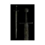 MEDIEVAL IRON SWORD WITH INLAID PATTERN ON BLADE