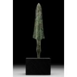 ANCIENT BRONZE SPEAR HEAD ON STAND