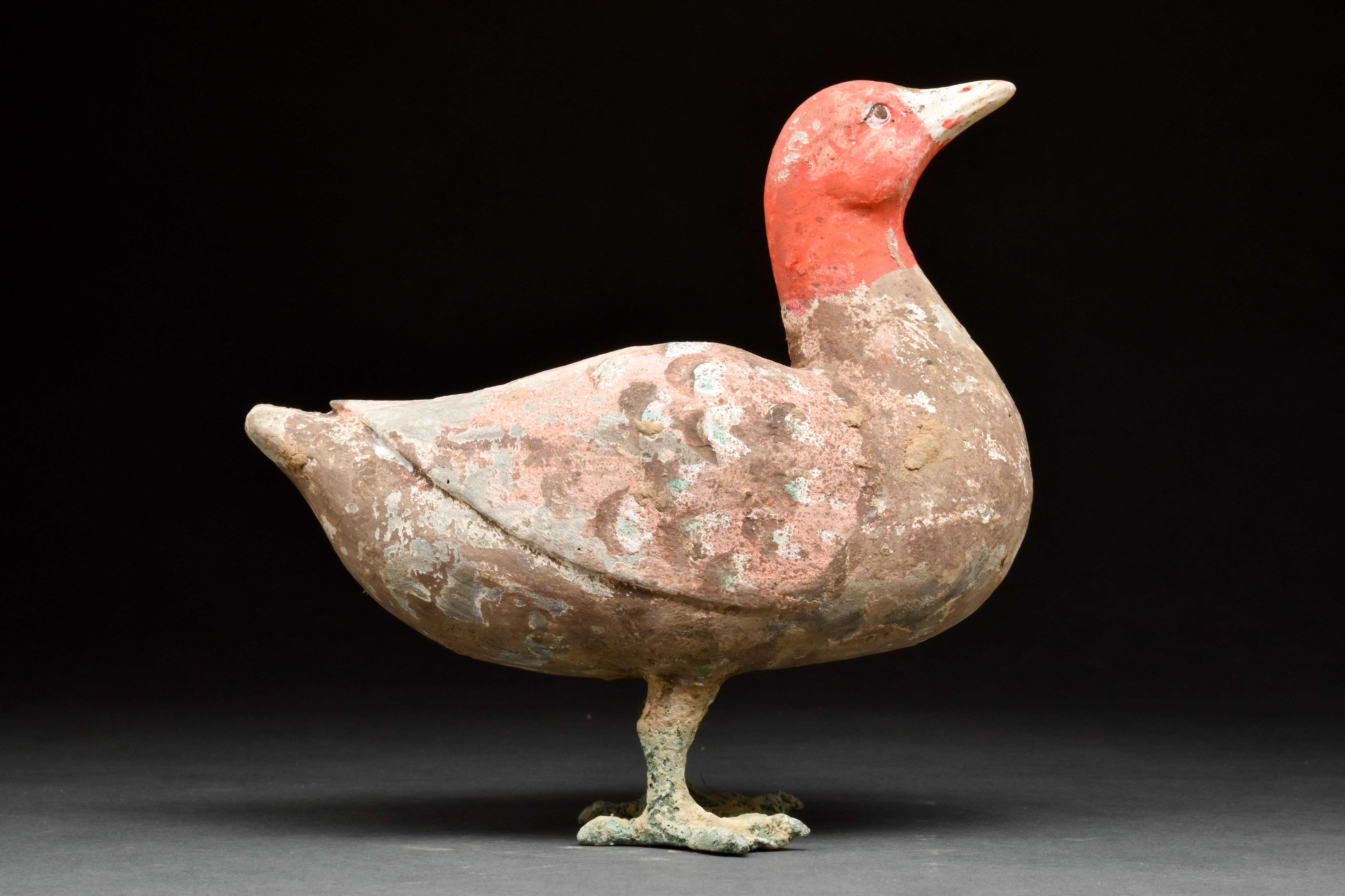 RARE CHINESE HAN DYNASTY POTTERY DUCK WITH BRONZE LEGS - TL TESTED - Image 2 of 5