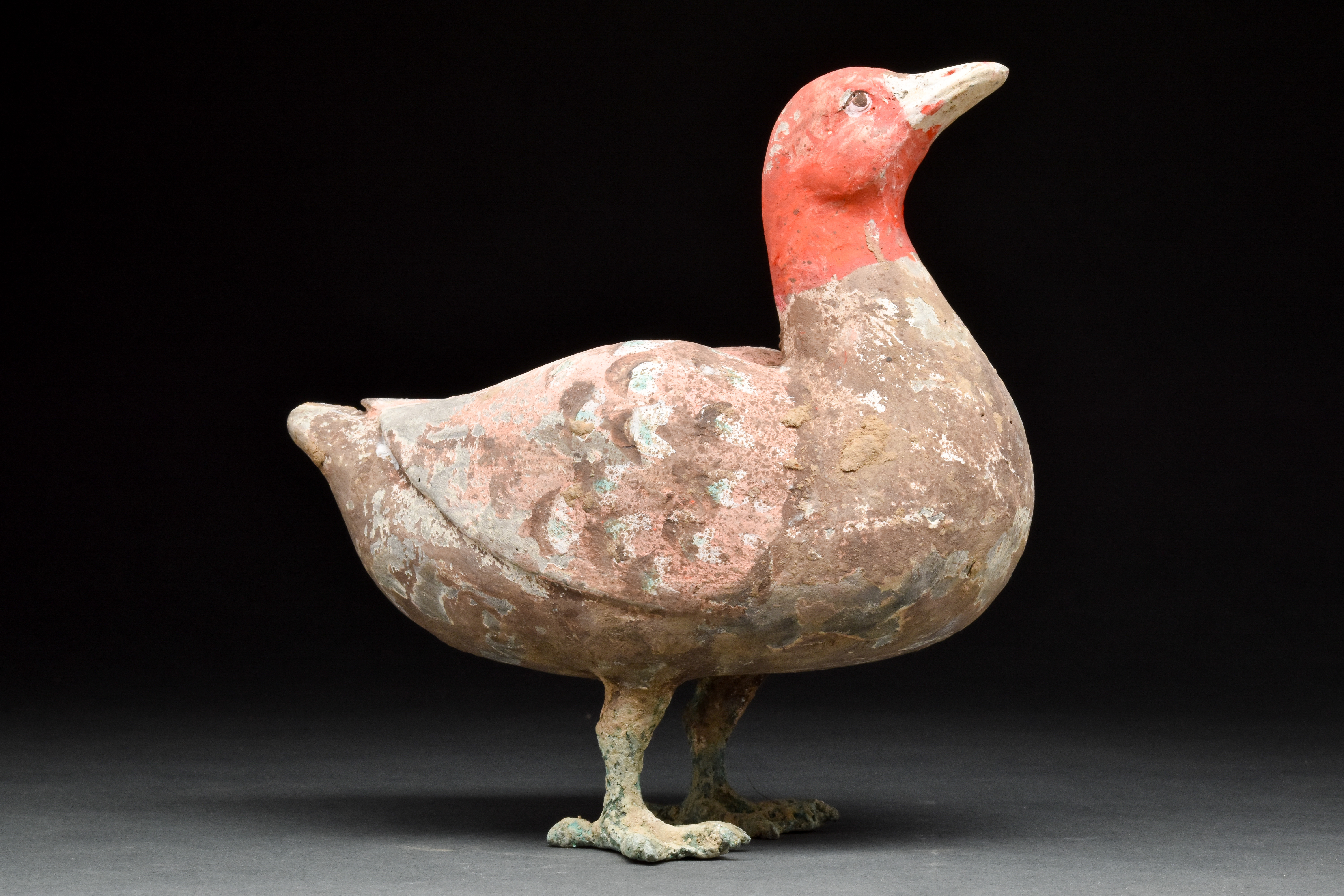 RARE CHINESE HAN DYNASTY POTTERY DUCK WITH BRONZE LEGS - TL TESTED