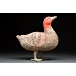 RARE CHINESE HAN DYNASTY POTTERY DUCK WITH BRONZE LEGS - TL TESTED