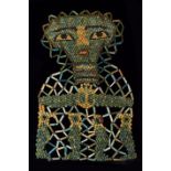 ANCIENT EGYPTIAN FAIENCE BEADED MUMMY SHROUD WITH FUNERARY FACE, FOUR SONS OF HORUS AND WINGED SCARA
