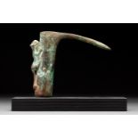 BRONZE SOCKETED AXE HEAD ON STAND WITH ANIMAL FIGURE