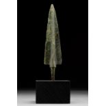 ANCIENT BRONZE SPEAR HEAD ON STAND