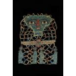 ANCIENT EGYPTIAN FAIENCE BEADED MUMMY SHROUD WITH FUNERARY FACE, FOUR SONS OF HORUS AND WINGED SCARA