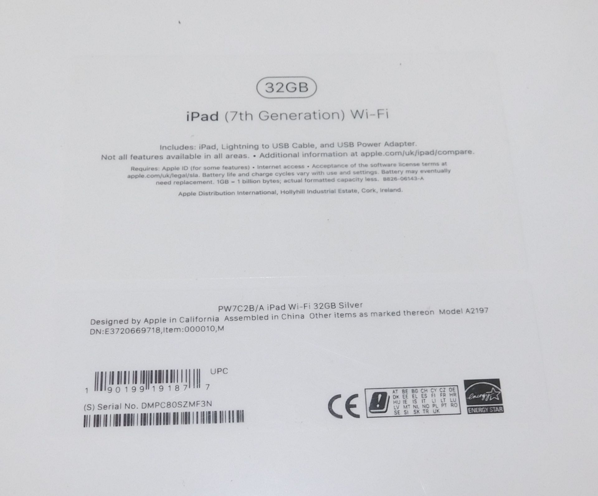 Apple A2197 iPad, 7th Gen, 32GB, Silver, Serial Number: DMPC80SZMF3N, (New in Sealed Box) ( - Image 2 of 2